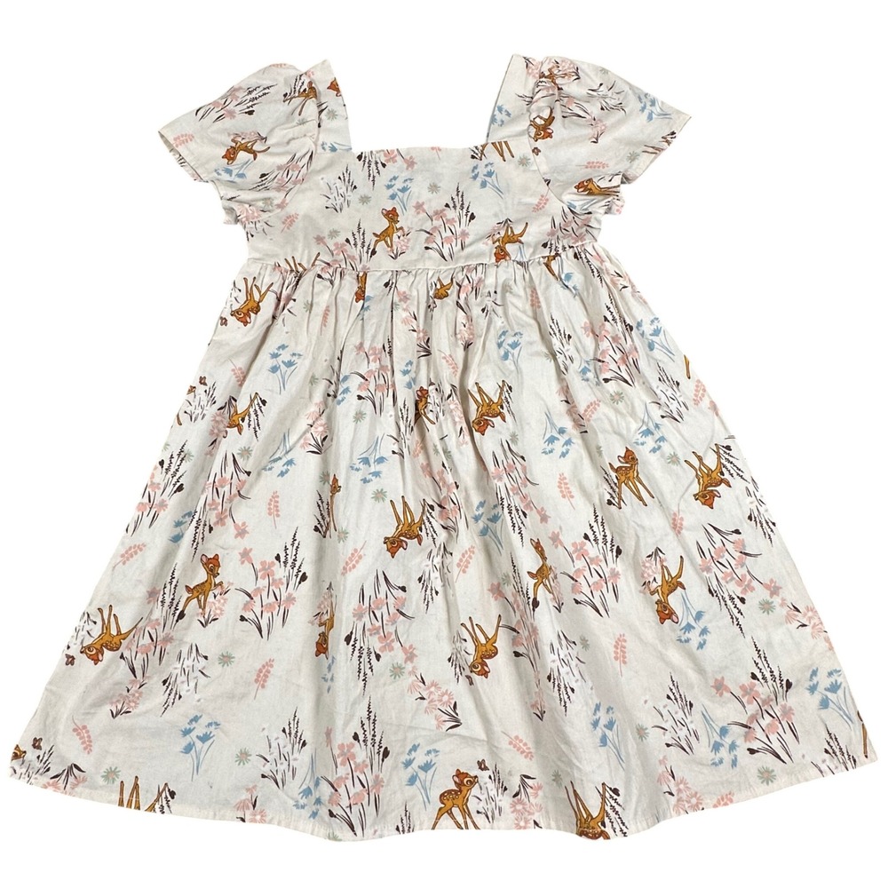 Disney Bambi Dress Cream Floral Fawn‎ Smocked Back Cotton Girls Size 8 Medium